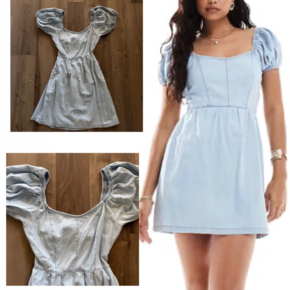 ASOS Light Blue Puff Sleeve Denim Mini Dress with open back ~ 🩵✨